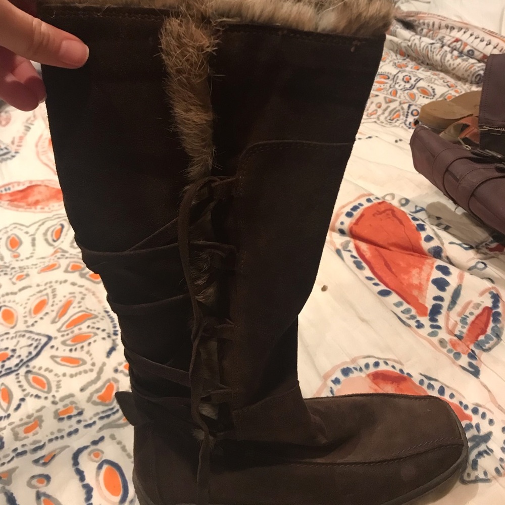 Dark Brown Suede Slouchy Winter Boots, Fur